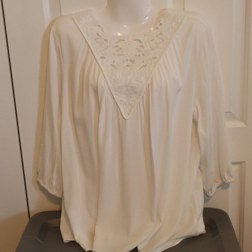 Linda Anderson Love Your Style Blouse Size XL White 3/4 Sleeve Cotton / Lace
